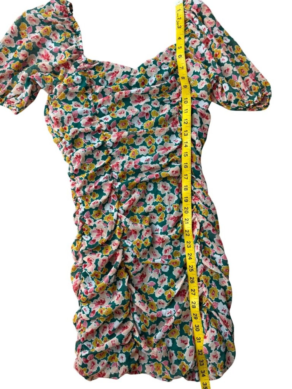 Lush Floral Mini Dress Green Pink Floral Ruched Bodycon Feminine Size M - Picture 5 of 10